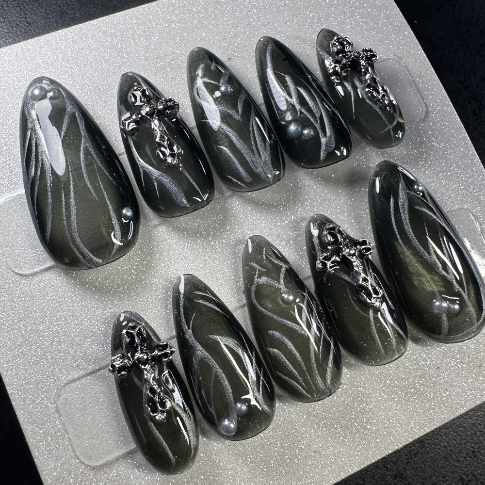 Medium almond sheer black and silver handmade press on nails with crosses